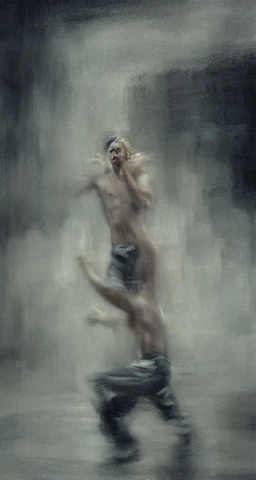 Image similar to painting of a beautiful pale androgynous blond man, dancing in the rain, by Jeremy Mann and Jason Jenicke, 70mm, cinematic, highly detailed, stylized, loose brush strokes, intricate, realistic, exaggerated lighting, dramatic lighting, sense of scale, sense of movement, sensual