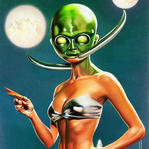 Image similar to beautiful alien extraterrestrial species female babe in a tight fitting silver metallic bikini spacesuit, , big silver head with eyestalk antennae, green skinned, big black almond shaped alien eyes by Mort Kunstler and Gil Elvgren