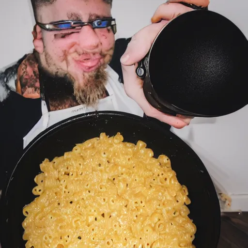 Image similar to top - heavy 2 0 year old with messy black hair and big beard cooks mac and cheese late at night, fish eye lens