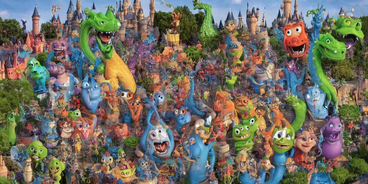 Image similar to object local coordinates for happy caricatures of dragon and castle, disney and pixar dark dank scary