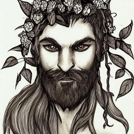 Prompt: male firbolg druid pointy ears with vines as hair hibiscus flowers detailed drawing