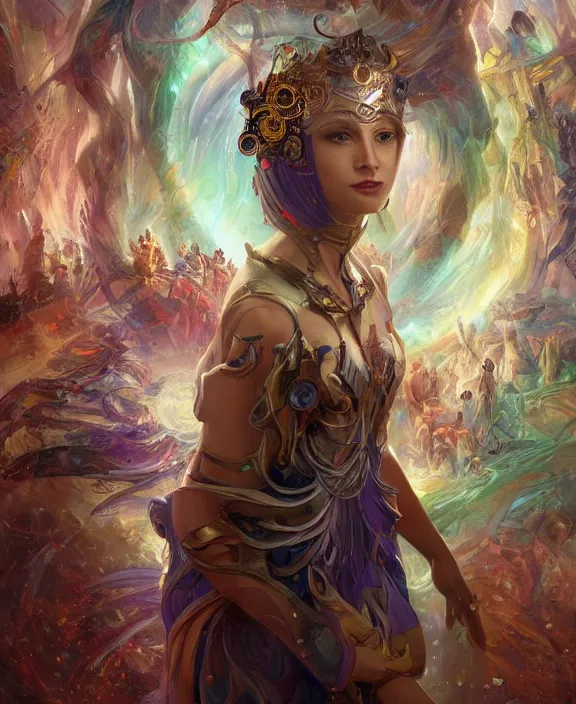 Image similar to a whirlwind of souls rushing inside the metaverse, half body, glowin eyes, tiara with sapphire, pharaoh, android, cyberpunk, d & d, fantasy, intricate, elegant, highly detailed, colorful, vivid color, digital painting, artstation, concept art, art by artgerm and greg rutkowski and alphonse mucha and ruan jia