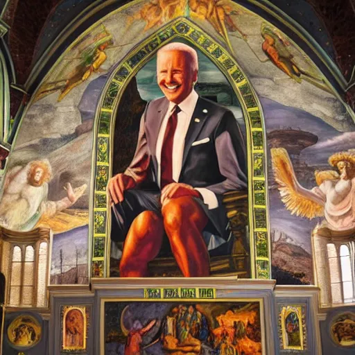 Image similar to a church mural depicting joe biden as a god, 4 k, highly detailed, painted by michelangelo