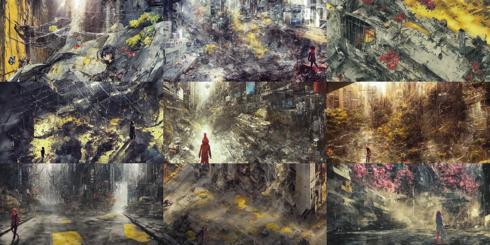 Prompt: anime movie scene, mamoru oshii, otomo, ultra wide, vanishing point, hoody woman explorer, watercolor, crater, chasm, collapse, sinkhole, spiderwebs, flowers, billboards, sun beam, dusty volumetric lighting, rim light, paper texture, puddles, deserted shinjuku junk, brutalist, overpass, yellow, red