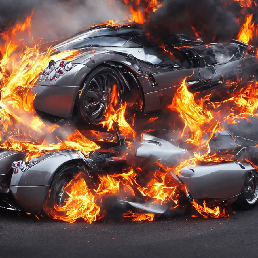 Image similar to close - up of a chrome pagani huayra on fire after a big crash, 8 k, highly detailed, realistic