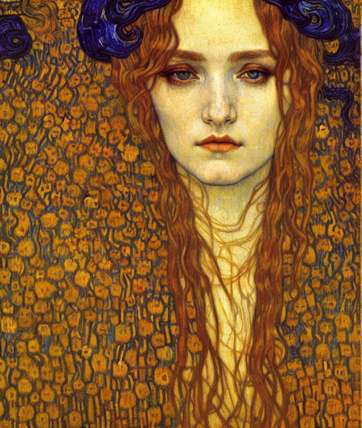 Image similar to detailed realistic beautiful young medieval queen face portrait by jean delville, gustav klimt and vincent van gogh, art nouveau, symbolist, visionary, gothic, pre - raphaelite, muted earthy colors, desaturated