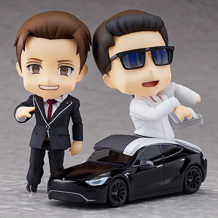 Image similar to a anime nendoroid of elon musk with black shoe, car tesla 3, figurine, product photo, detailed