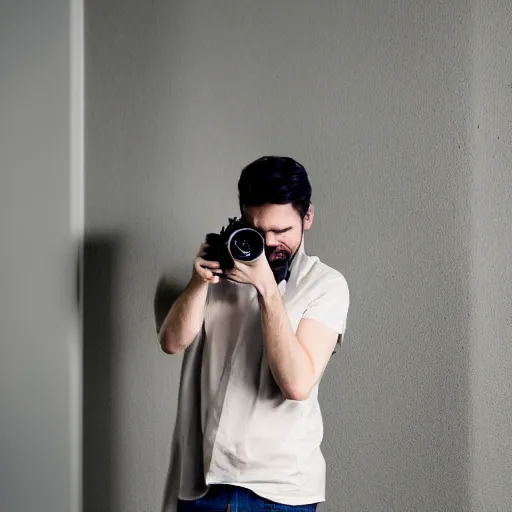 Image similar to stunning commercial self portrait of the photgrapher with his camera, muted colors, beautiful composition, 85mm f1.8