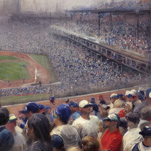 Image similar to fans at wrigley field, by jeremy mann, anders zorn, greg rutkowski.