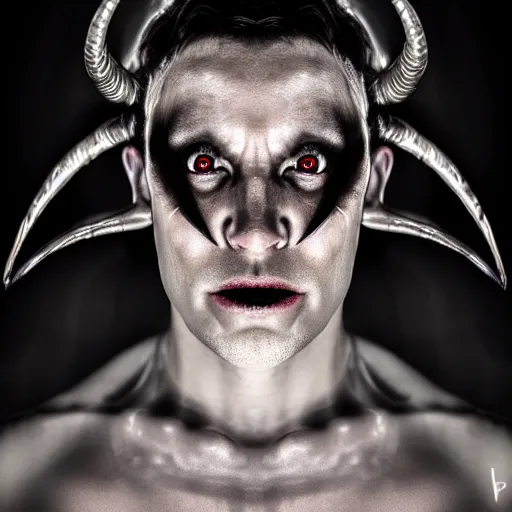 Prompt: photorealistic, iso - 4 0 0, canon eos 5 d mark iv, shot on 7 0 mm, portrait of male archangel bellringer form lexx by lee jeffries and platon colloidal silver skin makeup, flames halo ring over head, demonic, horns, fangs, nd 4, perfect studio lighting