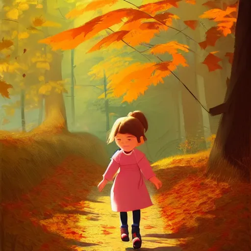 Prompt: ansell mary jane ilustration a beautiful little girl smiling, walking calmly through an autumn forest, style by goro fujita, characterized by ansell mary jane, sharp focus, highly detailed, artstation