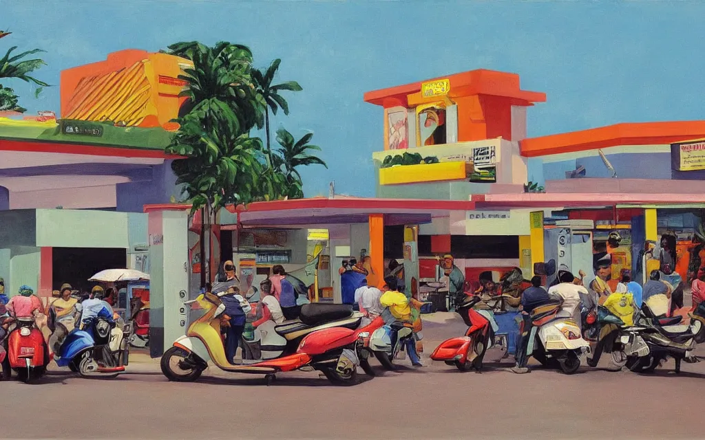 Prompt: An extremely long queue of cars and mopeds waiting for gas at a gas station in sri lanka in the style of edward hopper