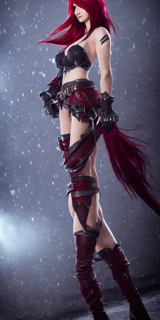 Image similar to Katarina from League of Legends, photorealistic full body, studio lighting, unreal engine 5, hyperrealistic, dynamic lighting, white ambient background, realistic, highly detailed