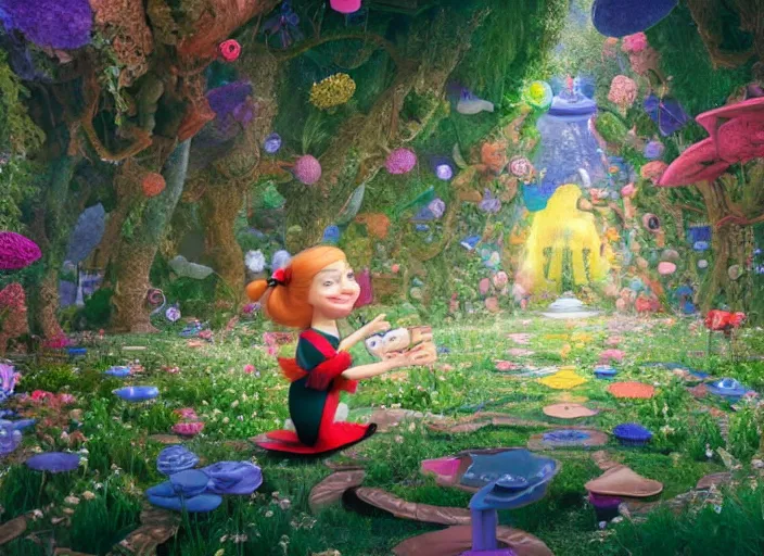 Prompt: a pixar alice from wonderland sitting on top of a non - euclidean infinite tunnel of evanescent hallucinatory images in endless mirrors that temporarily cling to a virtual node of experience called the self in an illusion called spacetime, hyperdetailed, octane render, nvidia raytracing demo