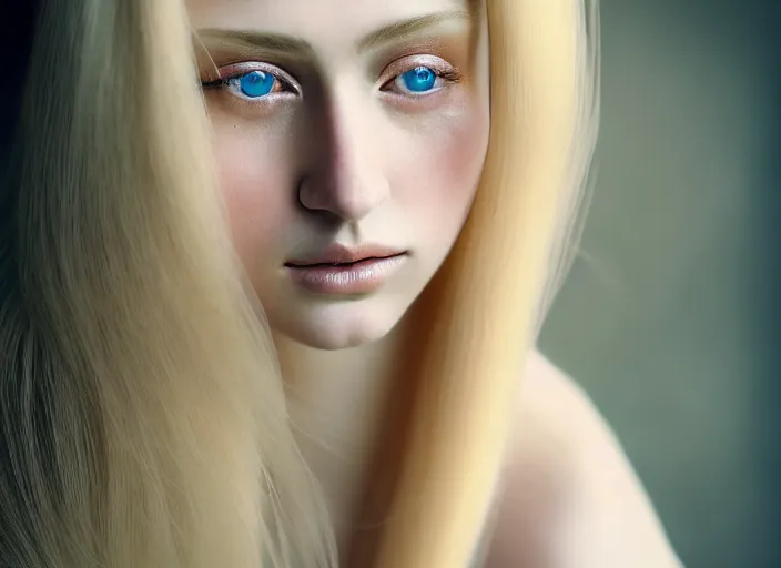 Image similar to portrait photography of a beautiful woman how Botticelli beauty type in style of Giovanni Gastel, britt marling style 3/4 , natural color skin, realistic detailed eyes, long blond hair are intricate with intricate ornamental hairstyle, a beautiful ethereal transparent dress, 8K, soft focus, melanchonic soft light, volumetric lighting, highly detailed Realistic, Refined, Highly Detailed, natural sunset outdoor soft pastel lighting colors scheme, soft blur outdoor lighting, fine art fashion photography