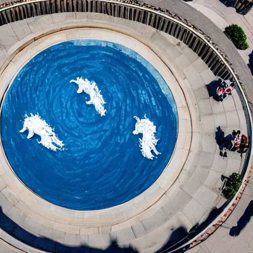 Image similar to A white and blue marble sculpture of The Great Wave off Kanagawa in the middle of an Italian piazza, midday, 4k photograph, sunny day, long shot, overhead view, far away