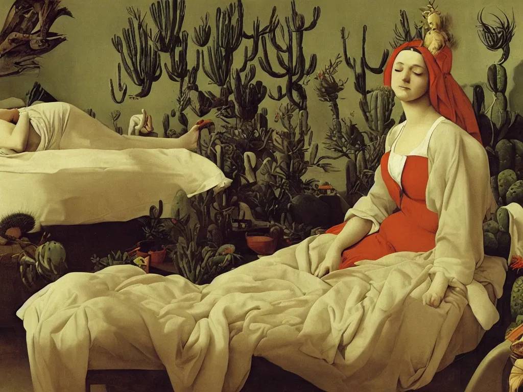 Prompt: Portrait of young woman sitting on the bed, with eyes closed, with strange surreal cacti and two large lizards. Painting by Georges de la Tour