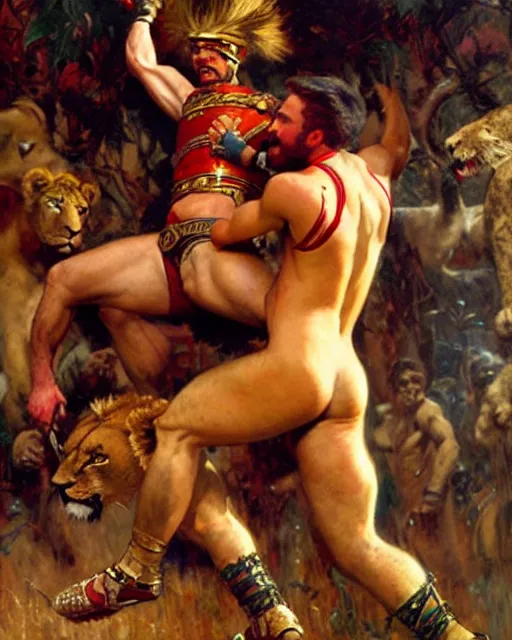 Image similar to handsome gladiator chris evans wrestling a lion, painting by gaston bussiere, craig mullins, j. c. leyendecker