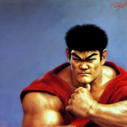 Image similar to david koechner as ryu from street fighter, painting by frank frazetta, 4 k, ultra realistic, highly detailed,