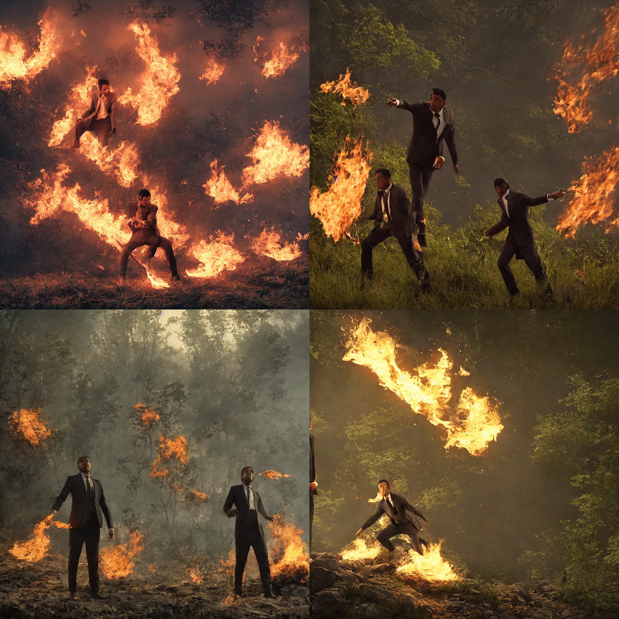 Prompt: a still of Juan Cabandie in suit setting fire to the wild nature near a river, art by by James Gurney , Charlie Immer, Award winning photo, sharp focus, octane render 8k , dramatic lighting