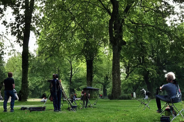 Prompt: cinematography plein air painters in Parc Monceau by Emmanuel Lubezki