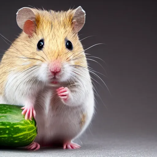 Prompt: realistic photography of a hamster riding a cucumber - photo studio - 3 points lighting