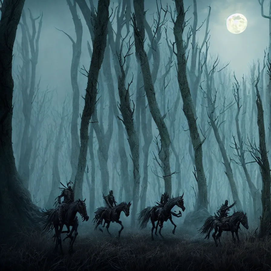 Image similar to the wild hunt, ghost riders in the full moon, skeletal shadow creatures, lurking enchanted forest, blizzard, mist, treacherous road, uneasy atmosphere, from the witcher, cinematic, arnold gpu, octane workflow, 8 k, unreal 5, hyperrealist, cohesive composition, intricate digital art, volumetric lighting, trending artstation, dark fantasy