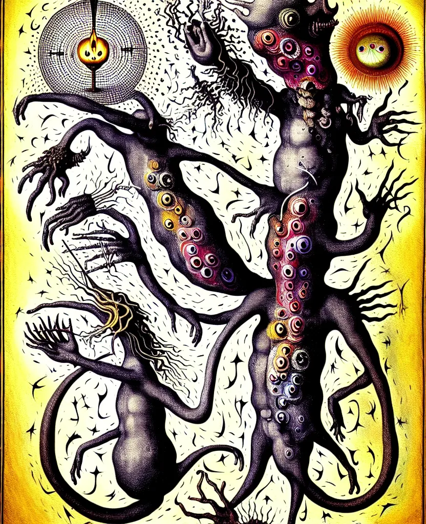 Image similar to whimsical freaky creature sings a unique canto about'as above so below'being ignited by the spirit of haeckel and robert fludd, breakthrough is iminent, glory be to the magic within, painted by ronny khalil