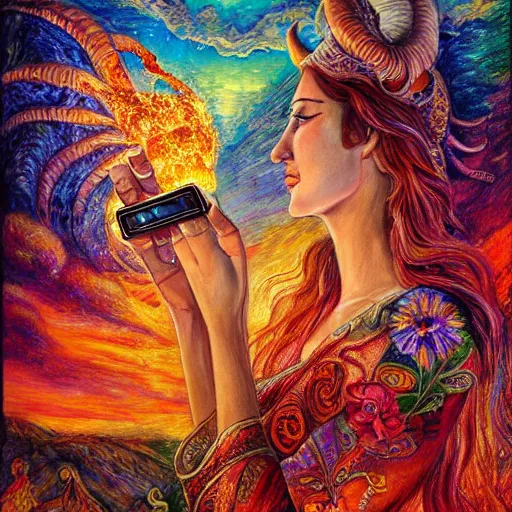 Image similar to detailed acrylic on canvas by josephine wall, horned ram goddess checking her cell phone, erupting volcano and sunset in distance, flowers in foreground, fantasy, trending on artstation, by senior concept artist, intricately detailed, high resolution, hdr, 8 k