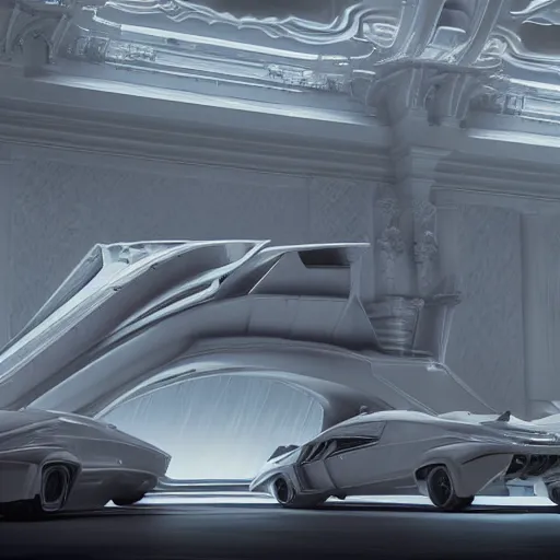 Image similar to full lenght sci-fi cars in the coronation of napoleon painting by Jacques-Louis David in the blade runner 2049 film and point cloud in the middle and everything in form of zaha hadid architects artwork by caravaggio unreal engine 5 keyshot octane lighting ultra high detail ultra hyper realism 8k 16k in plastic dark tilt shift full-length view