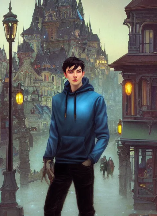 Image similar to handsome young man with short black hair, glowing light blue eyes, pale skin, wearing jeans and a black hoodie, detailed night time cityscape background, realistic painting by ross tran and gerald brom and alphonse mucha, ilya kuvshinov, svetlana tigai, artgerm, trending on artstation