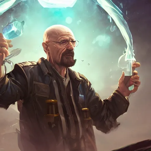 Prompt: portrait of walter white as an alchemist making potions, alchemy, league of legends amazing splashscreen artwork, dungeons and dragons, splash art, natural light, elegant, photorealistic facial features, intricate, fantasy, detailed face, atmospheric lighting, anamorphic lens flare, cinematic lighting, league of legends splash art, hd wallpaper, ultra high details by greg rutkowski