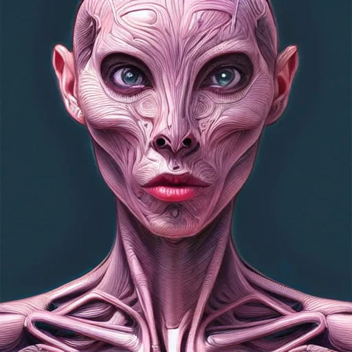 Image similar to wide angle full body portrait of an alien female, a perfect face and perfect body, thin waist, intricate, single face, highly detailed, digital painting, artstation, concept art, smooth, sharp focus, illustration, Unreal Engine 5, 8K, art by artgerm and greg rutkowski and alphonse mucha and david cronenberg and h.r. giger