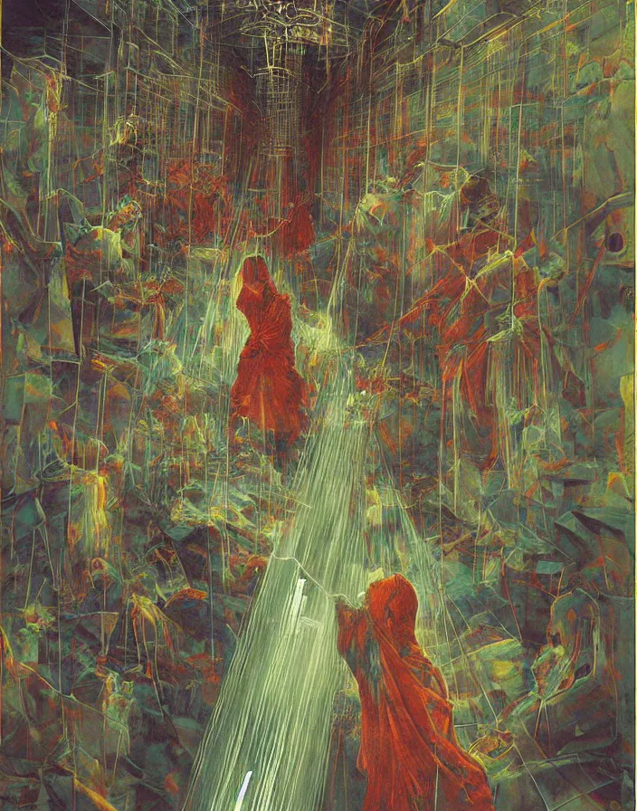 Image similar to worshippers in robes holding a very large crystal tesseract radiating white light, interior of a small room, glowing crystal tesseract!!!!!!!!!!!!!!!!!!, beksinski painting, part by adrian ghenie and gerhard richter. art by takato yamamoto. masterpiece, deep colours