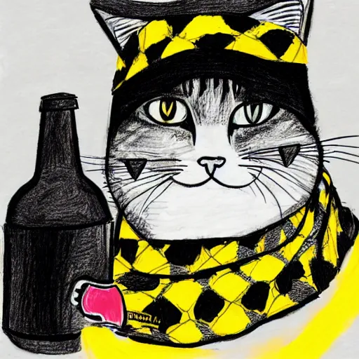 Prompt: A cat wearing a bucket hat black and a scarf drinking a beer at an outside bar in Stockholm, the clothes are black and yellow, children’s book drawing