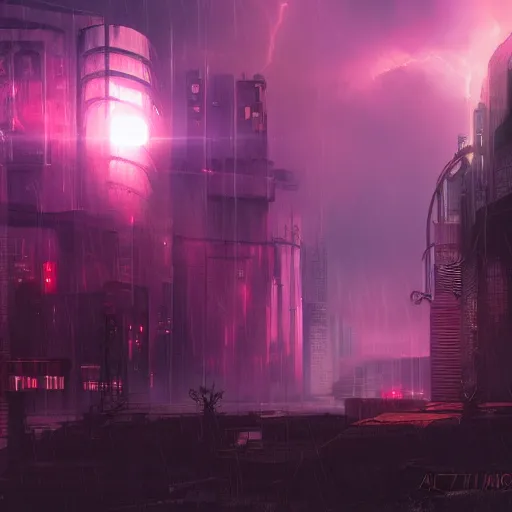 Prompt: Cyberpunk, steampunk, apocalyptic, surreal, sunset during a thunderstorm, otherworldy, purple, trending on artstation