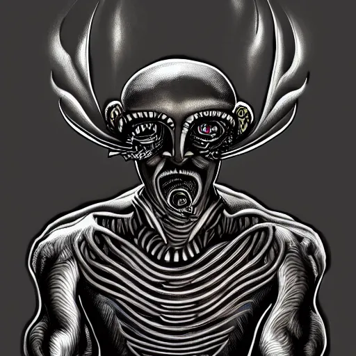 Image similar to beautiful painting of a thousand-eyes cleaver-headed muscular chef in the style of Welder Wings and H. R. Giger. Dark background, detailed, trending on Artstation