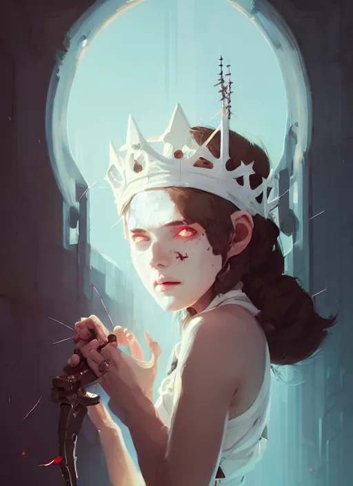 Prompt: portrait of cute maiden girl with crown of thorns and white short hairs, warhammer, cyberpunk, by atey ghailan, by greg rutkowski, by greg tocchini, by james gilleard, by joe gb fenton, by kaethe butcher, dynamic lighting, gradient light blue, brown, blonde cream and white color in scheme, grunge aesthetic