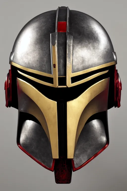 Prompt: an artistic and realistic 8k sculpture of a Mandalorian helmet, bright neon color, steampunk, dramatic lighting, silver gold red details, filigree, intricate details, cinematic, elegant, micro detail, octane render, filmic, interesting camera angle, head and shoulders, 8k post-processing, intricate art by John Collier and Alphonse Mucha and Greg Rutkowski
