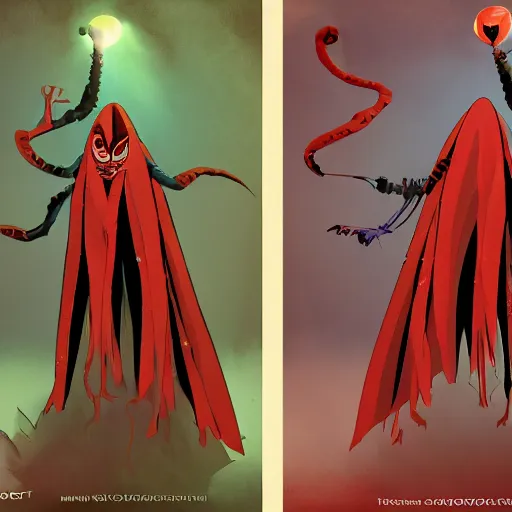 Image similar to concept art character with a vampire squid headed character with a cape that is tall and thin that lives in an underwater dystopian city and uses a baseball as a weapon against mutant set in the apocalypse created by Dana terrace for a comic book with chromatic aberration and design influences from fret nice the video game