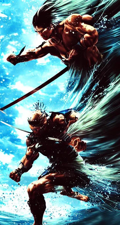Prompt: man, warrior with katana of water wave, full body, water fists of fury, crazy hate face, jumping leaping heroic attack, action scene, kimi no yiba, anime style, ultra detailed, 4 k