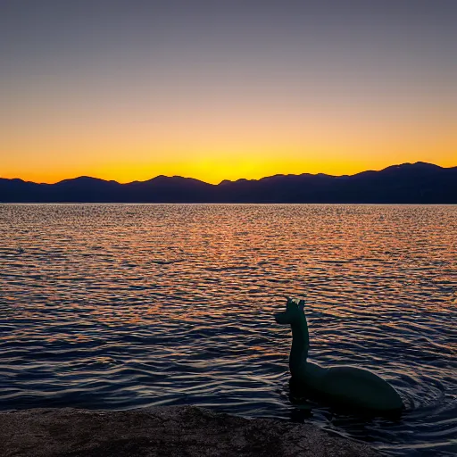 Prompt: nessie at lake tahoe from far off, crystal bay california, professional photography, sunset