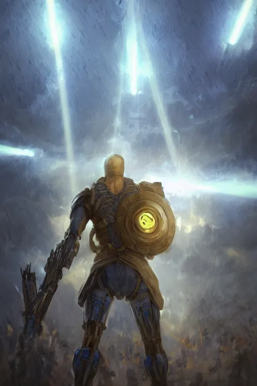 Prompt: a distant shot of a single super soldier with blue and yellow flag and standing alone on a huge pile of human skulls as a winner, masculine figure, D&D, fantasy, volumetric lights, beam of bright light through the clouds, intricate, elegant, highly detailed, extremely detailed, digital painting, artstation, concept art, matte, smooth, sharp focus, hyper realistic, illustration, art by Artgerm and Greg Rutkowski and Alphonse Mucha