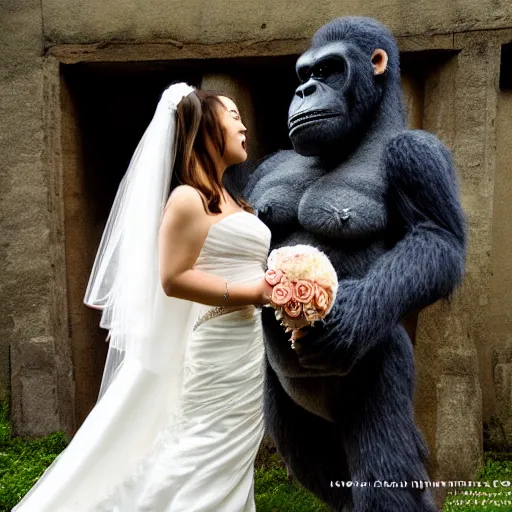 Prompt: king kong and godzilla get married, high resolution, great detail, wedding photography,