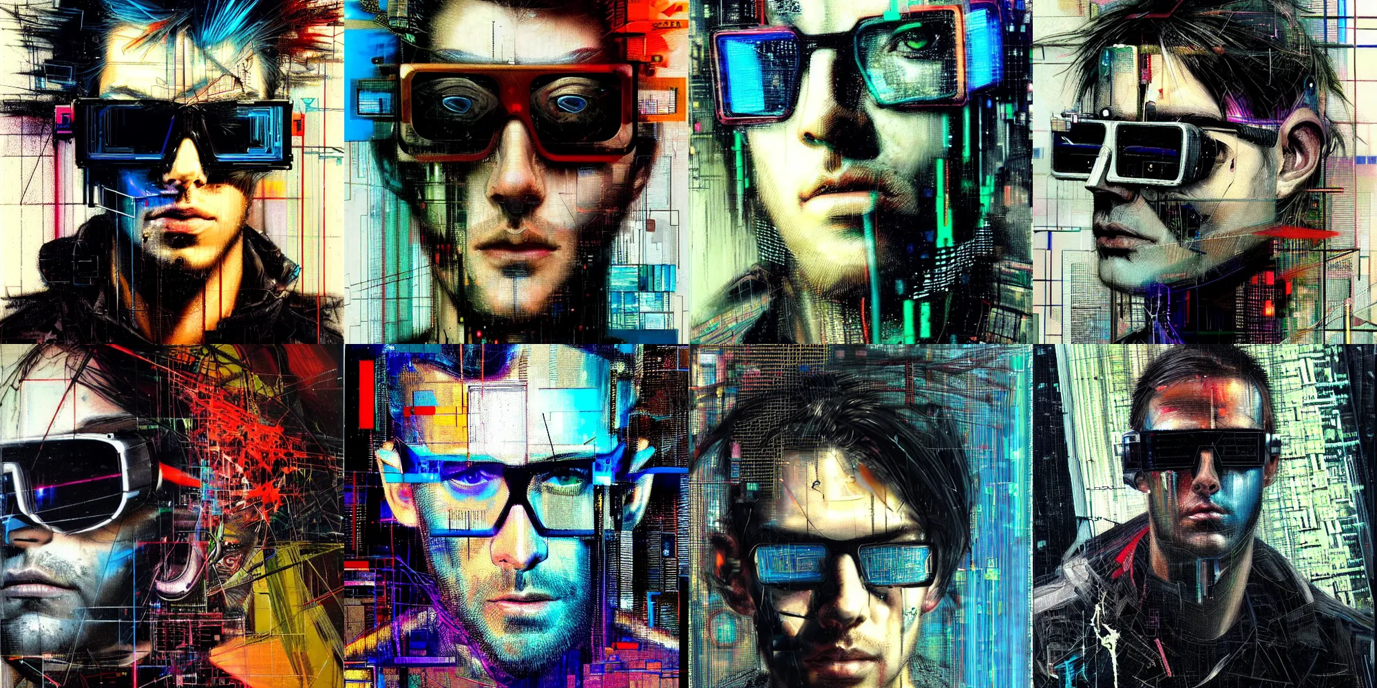 Prompt: hyperrealistic portrait of a cyberpunk character that can see the future, male, by Guy Denning, Johannes Itten, Derek Gores, Russ Mills, long hair, mysterious, determined, passionate, glitch art, hacking effects, glitch effects, cyberpunk sunglasses, detailed lines, polished, smooth, color blocking, oil on canvas, highly detailed, artistic, front view, symmetrical, octane, concept art, abstract, 8k, cinematic, trending on artstation