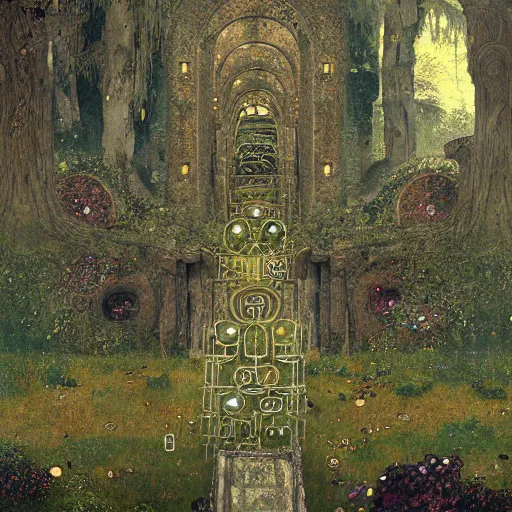 Image similar to ancient overgrown! ruins, medieval gates, runestones, mysetrious etherial mesmerizing runic!!, eyes, magical elven geometry, concept art by gustav klimt!, deviantart contest winner, environmental art, high detail, resembling the ace of swords tarot card by greg rutkowski