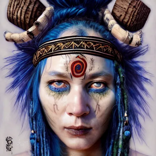 Image similar to A young blindfolded shaman woman with a decorated headband performing a pagan ritual, in the style of heilung, blue hair dreadlocks and wood on her head, tribal piercing and tatoos , atmospheric lighting, intricate detail, cgsociety, ambient light, dynamic lighting, art by karol bak