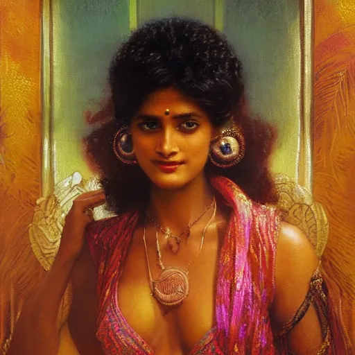 Image similar to 8 0 s srilankan woman with futurestic neon lights painting by gaston bussiere, craig mullins, j. c. leyendecker, lights, art by ernst haeckel, john william godward, hammershøi,,