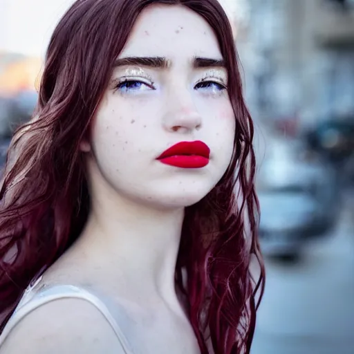 Image similar to close up half face portrait photograph of a live action anime princess with stars in her irises, deep red lipstick and freckles. Wavy long hair. she looks directly at the camera. Slightly open mouth, face covers half of the frame, with a building visible in the background. 135mm nikon. Intricate. Very detailed 8k. Sharp. Cinematic post-processing. Award winning portrait photography