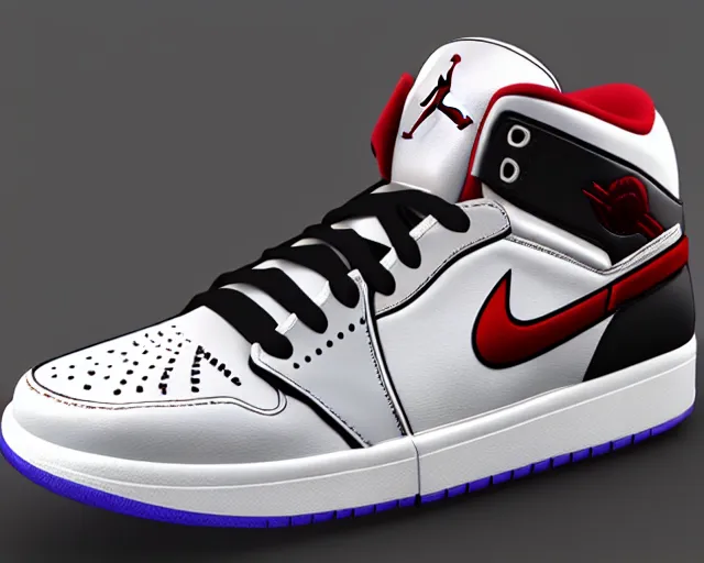 Image similar to 3D render of mid height air jordan sneakers with joker design, cinematic, studio lighting, award winning